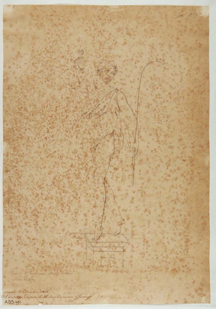 VII.1.8 Pompeii. Drawing by Nicola La Volpe, of painting of a dancing Satyr.
This was either from on the north wall of room G, or the south wall of nymphaeum room F, as they were both seen there.
These paintings were left in situ without protection and have now completely disappeared.
Now in Naples Archaeological Museum. Inventory number ADS 451.
Photo © ICCD. http://www.catalogo.beniculturali.it
Utilizzabili alle condizioni della licenza Attribuzione - Non commerciale - Condividi allo stesso modo 2.5 Italia (CC BY-NC-SA 2.5 IT)
