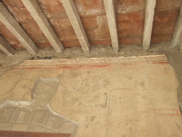 VII.1.8 Pompeii . September 2005. Detail of wall and plaster in corridor on east side of portico B.