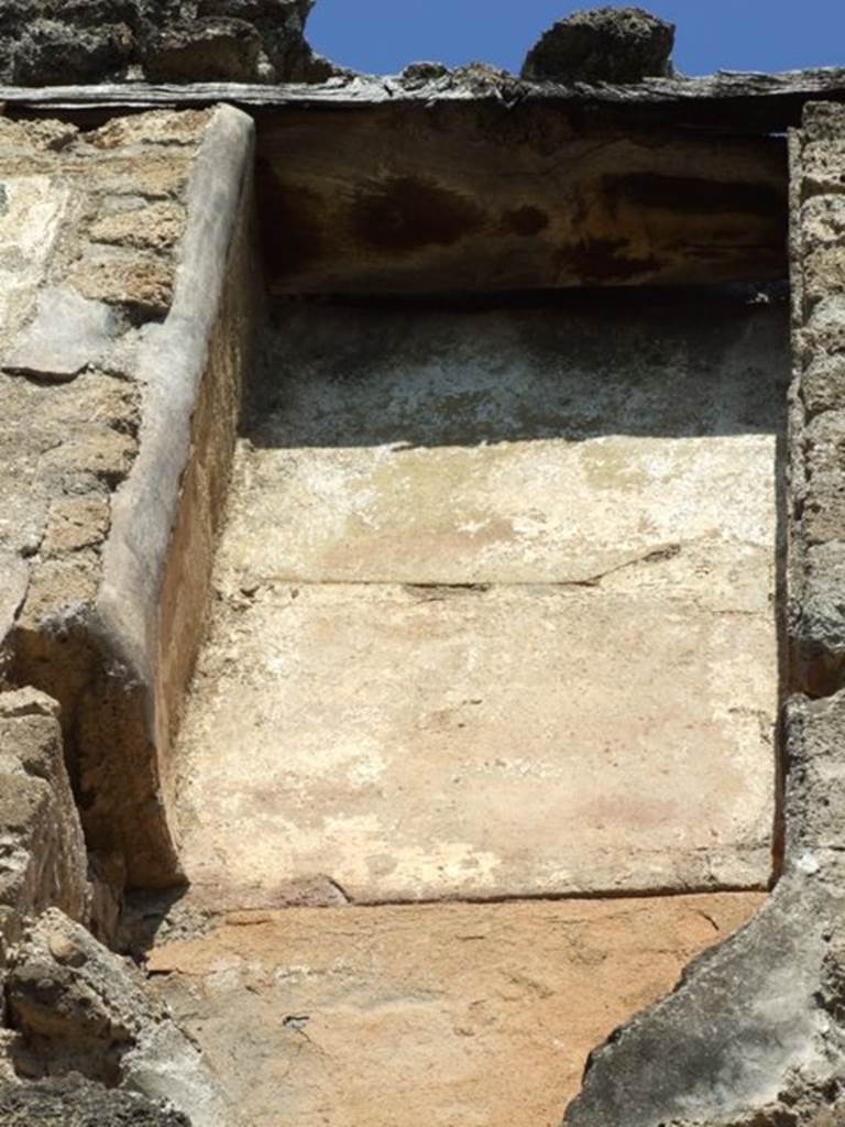 VII.2.18 Pompeii.  March 2009. Room 9, upper floor apartment, latrine in north wall of upper floor. According to Hobson, a total of 15 upper storey latrines have been identified in the city, including this one. He says that these latrines would seem to have been placed near to the top of the staircase, and would have been placed in narrow plastered niches with terracotta downpipes inserted into the walls to carry the waste product down into the cesspit.  This latrine shows the slots in the sides of the niche where the wooden seat fitted, and the tapering, easily sluiced plaster below the seat.
See Hobson, B., 2009. Latrinae et foricae: Toilets in the Roman World. London; Duckworth. (p.75-6).
