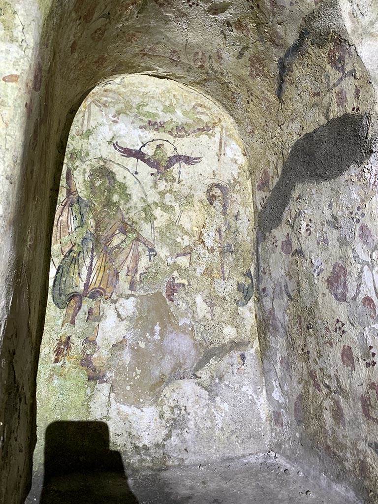 VII.2.20 Pompeii. November 2024. 
Painted lararium niche on north wall at east (right) side. Photo courtesy of Yuliya Sanchenko.
