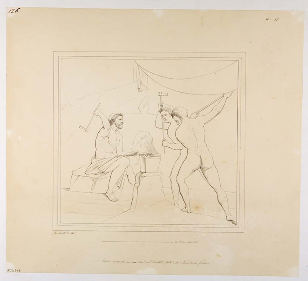 VII.2.25 Pompeii. Drawing by Giuseppe Abbate, 1846, of painting of the Workshop of Hephaistos found on east wall of triclinium.
Now in Naples Archaeological Museum. Inventory number ADS 546.
Photo © ICCD. http://www.catalogo.beniculturali.it
Utilizzabili alle condizioni della licenza Attribuzione - Non commerciale - Condividi allo stesso modo 2.5 Italia (CC BY-NC-SA 2.5 IT)
