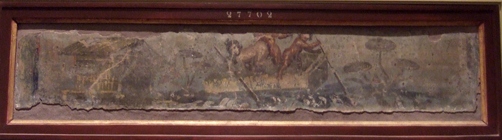 VII.2.25 Pompeii. Found on the pluteus of the peristyle. Nile scene with pigmies.
Now in Naples Archaeological Museum. Inventory number 27702.
