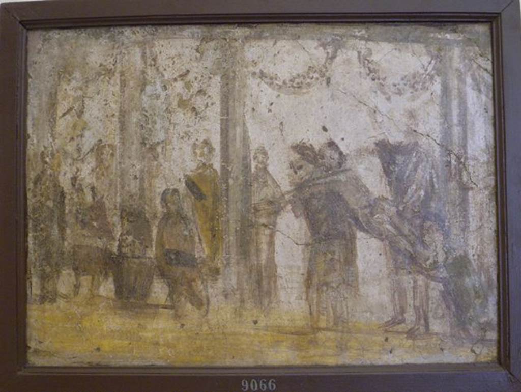 II.4.3 Pompeii. Part of the “Forum Frieze” found in the atrium of II.4.3.  
The punishment of a scholar, the painting that suggested VII.7.29 may be a public school.
Now in Naples Archaeological Museum.  Inventory number 9066.
