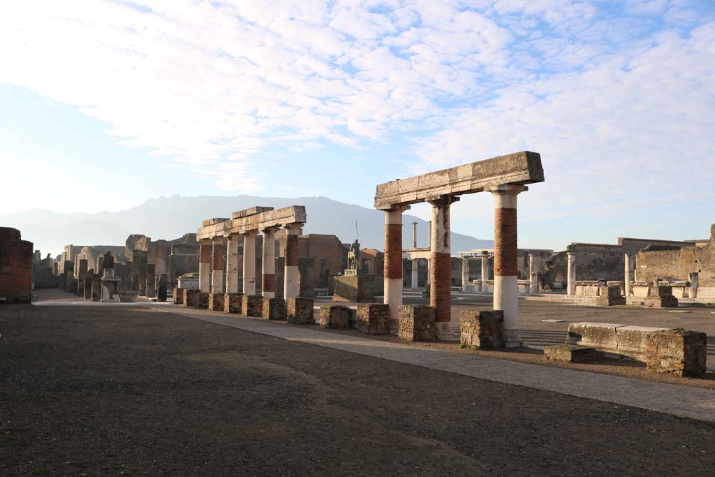 VII.8.00 Pompeii Forum, east side. December 2018. 
Looking south-west from rear of portico of Eumachia’s Buildings. Photo courtesy of Aude Durand.

