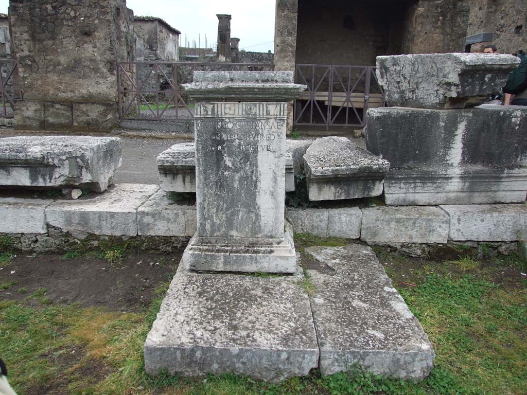 VII.8 Pompeii Forum. May 2010. Pedestal base for C. Cuspio Pansae in north-west corner.