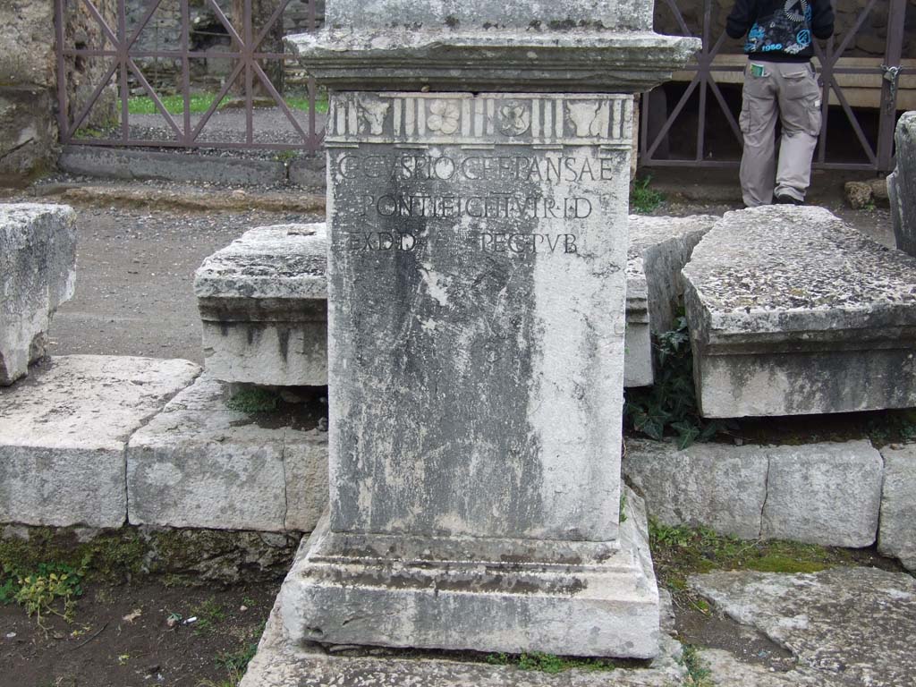 VII.8 Pompeii Forum. May 2010. Pedestal base for C. Cuspio Pansae.