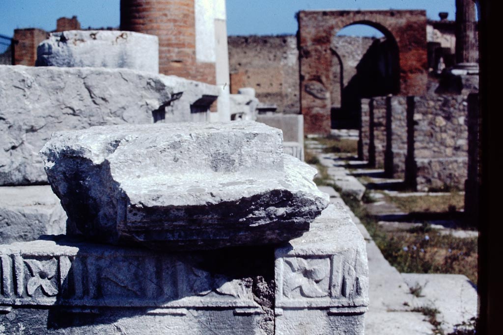 VII.8 Pompeii Forum. 1968. 
Pedestal base for statue, looking north to south side of pedestal base. Photo by Stanley A. Jashemski.
Pompeii, 1968.  Photo by Stanley A. Jashemski.
Source: The Wilhelmina and Stanley A. Jashemski archive in the University of Maryland Library, Special Collections (See collection page) and made available under the Creative Commons Attribution-Non-Commercial License v.4. See Licence and use details.
J68f0991
