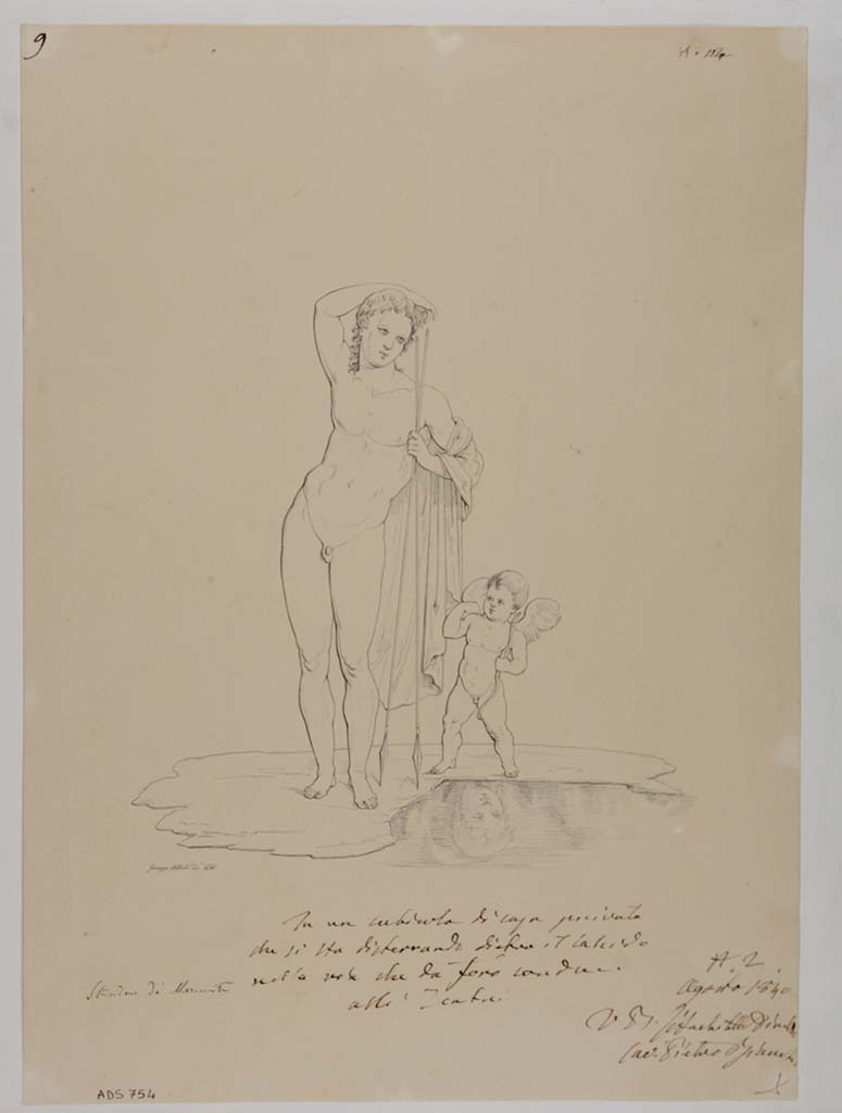 VII.13.4 Pompeii. Drawing by Giuseppe Abbate, 1840, of a painting of Narcissus with a cupid, from cubiculum.
See Helbig, W., 1868. Wandgemälde der vom Vesuv verschütteten Städte Campaniens. Leipzig: Breitkopf und Härtel, (1350).
Now in Naples Archaeological Museum. Inventory number ADS 754.
Photo © ICCD. http://www.catalogo.beniculturali.it
Utilizzabili alle condizioni della licenza Attribuzione - Non commerciale - Condividi allo stesso modo 2.5 Italia (CC BY-NC-SA 2.5 IT)
