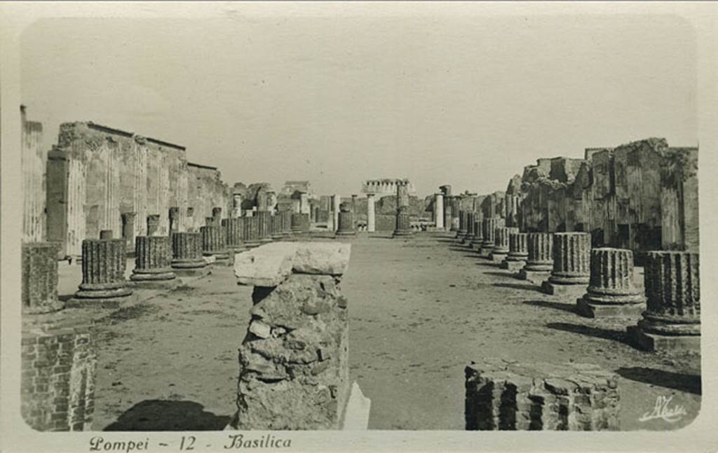 VIII.1.1 Pompeii. One of a pack of postcards dated 1927. Looking east towards the Forum. 
Note there is only a single horizontal cross beam on two pillars of the Forum in the distance.
Photo courtesy of Rick Bauer.
