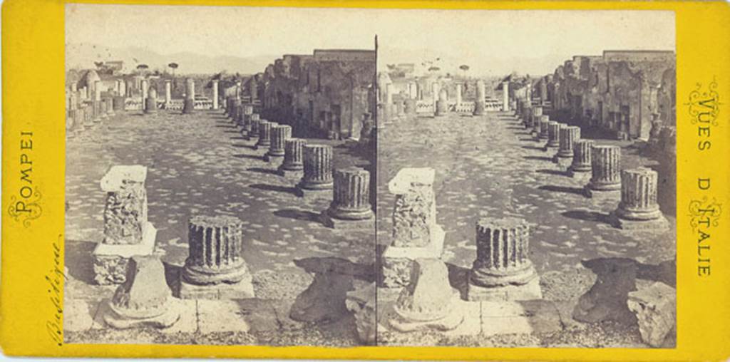 VIII.1.1 Pompeii. Possibly c.1860s? Looking east towards the Forum. Photo courtesy of Rick Bauer. Note there is no horizontal cross beam on the Forum columns in the background hence the suggested date. 