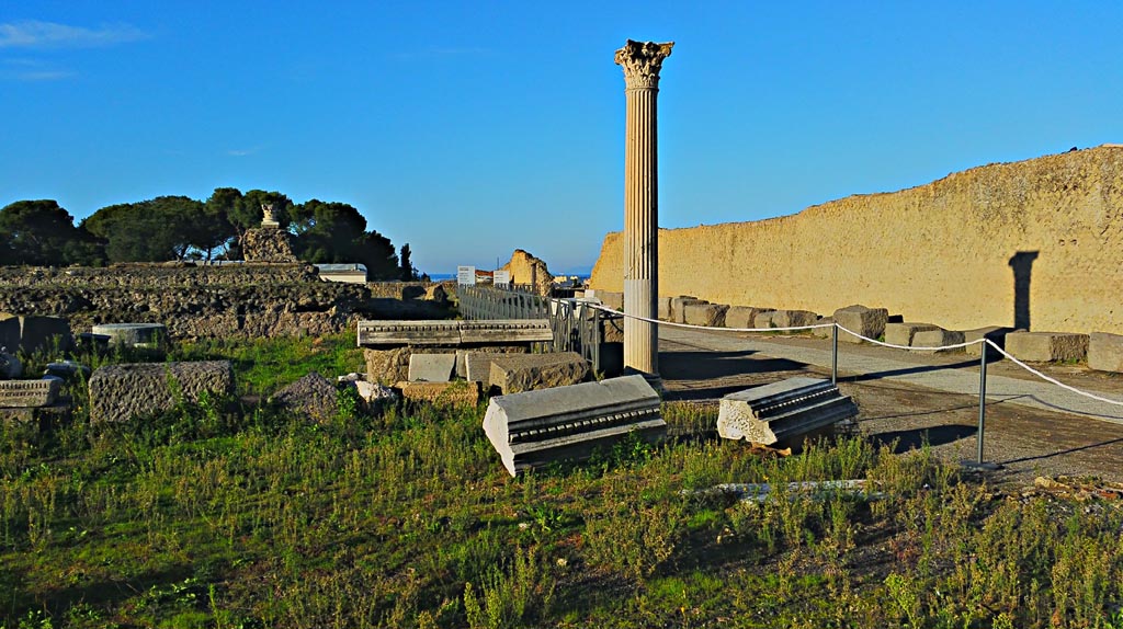 VIII.1.3 Pompeii. 2017/2018/2019. 
Looking west along north side of Temple of Venus, with wall of Via Marina, on right. Photo courtesy of Giuseppe Ciaramella.
