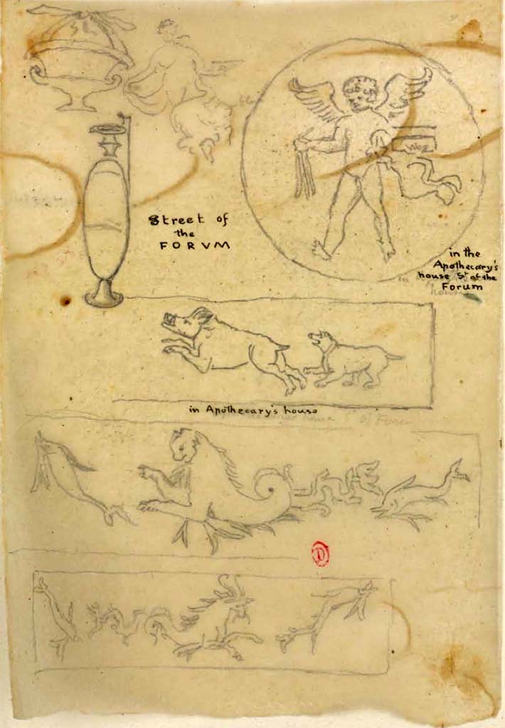 VIII.3.12 Pompeii. Between 1819 and 1832 sketches by W. Gell, cupids, four-legged animals and marine animals from this house.
The drawings in the upper left, entitled “Street of the Forum” may not be from this house, but somewhere nearby.
See Gell, W. Pompeii unpublished [Dessins de l'édition de 1832 donnant le résultat des fouilles post 1819 (?)] vol II, pl. 44 verso.
Bibliothèque de l'Institut National d'Histoire de l'Art, collections Jacques Doucet, Identifiant numérique Num MS180 (2).
See book in INHA Use Etalab Licence Ouverte
