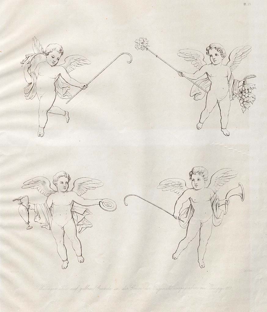 VIII.3.12 Pompeii. Pre-November 1856. Drawing by Zahn of four floating cupids with the attributes of Bacchus.
These were found in a room on a yellow background, from a house at the side of the Casa del Cinghiale, discovered in the month of November 1839.
See Zahn, W., 1852-59. Die schönsten Ornamente und merkwürdigsten Gemälde aus Pompeji, Herkulanum und Stabiae: III. Berlin: Reimer, taf. 73.
