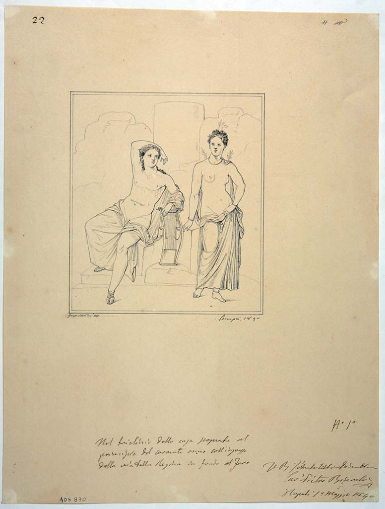 VIII.3.24 Pompeii. Drawing by Giuseppe Abbate, 1840, of painting of Apollo and Daphne (Dafne) from centre of north wall of triclinium.
See Helbig, W., 1868. Wandgemälde der vom Vesuv verschütteten Städte Campaniens. Leipzig: Breitkopf und Härtel, (213)
Now in Naples Archaeological Museum. Inventory number ADS 830.
Photo © ICCD. http://www.catalogo.beniculturali.it 
Utilizzabili alle condizioni della licenza Attribuzione - Non commerciale - Condividi allo stesso modo 2.5 Italia (CC BY-NC-SA 2.5 IT)
