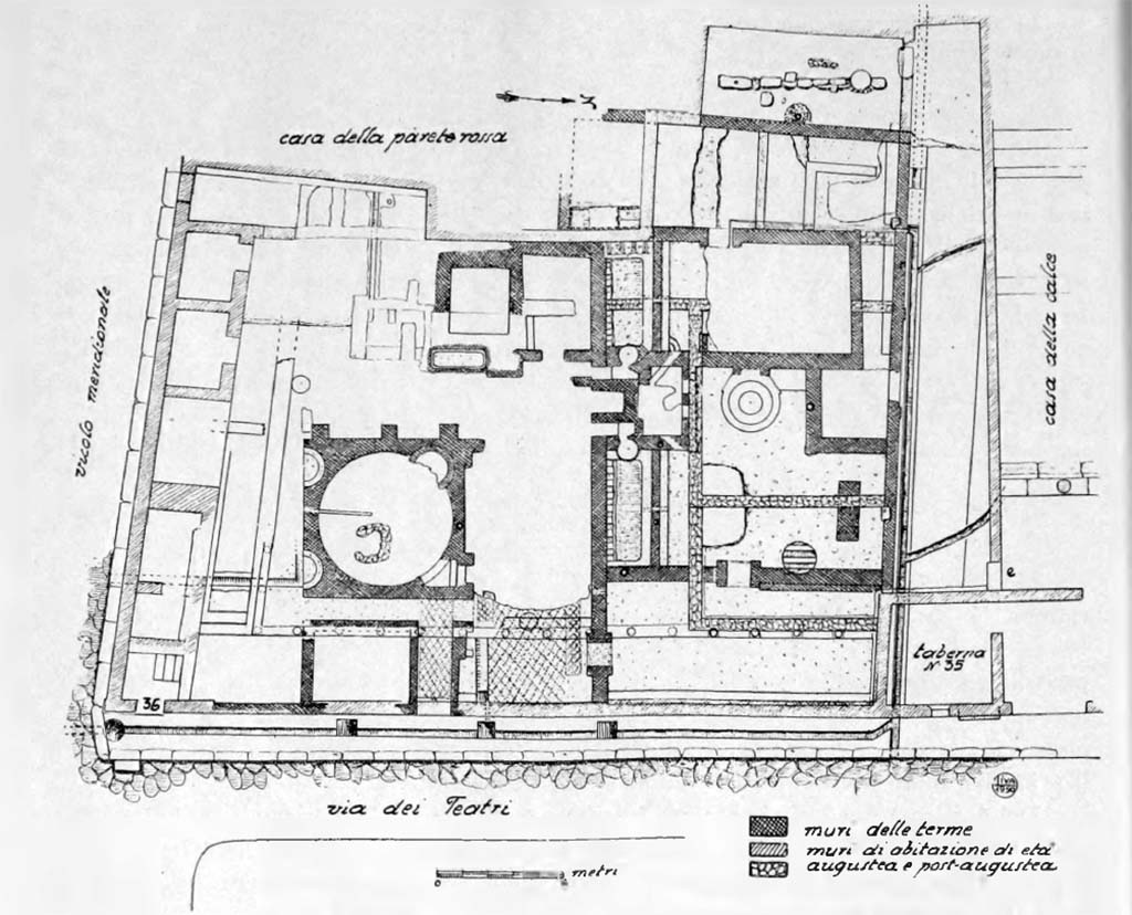 VIII.5.36 Pompeii. 1950 Maiuri plan of phase II of Terme repubblicane or Republican Baths.
According to Maiuri, with the closure of the baths, the area came into the hands of the owner of the adjacent "Casa della Calce" and was transformed into a dwelling area, by demolishing at least 2/3 of the high wall of the thermal baths and the raising of a little less or a little more than a meter on the floor of the rooms of the original building. After the first transformation follows a second that mutates and alters completely the character and the plan of the first dwelling, intersecting and overlapping the walls of the baths, it is not easy to untangle and determine the limits, the nature and the character of the two houses. You could still recognize three periods: a first transformation occurred in the Augustan age shortly after the baths were closed; a second in the Claudian era before the year of the earthquake; a third in the last years of the city with a few adaptations related to the use of the area as a garden.
See Notizie degli Scavi di Antichità, 1950, p. 133-4, fig. 11.
See Notizie degli Scavi di Antichità, 1947, p. 157.
