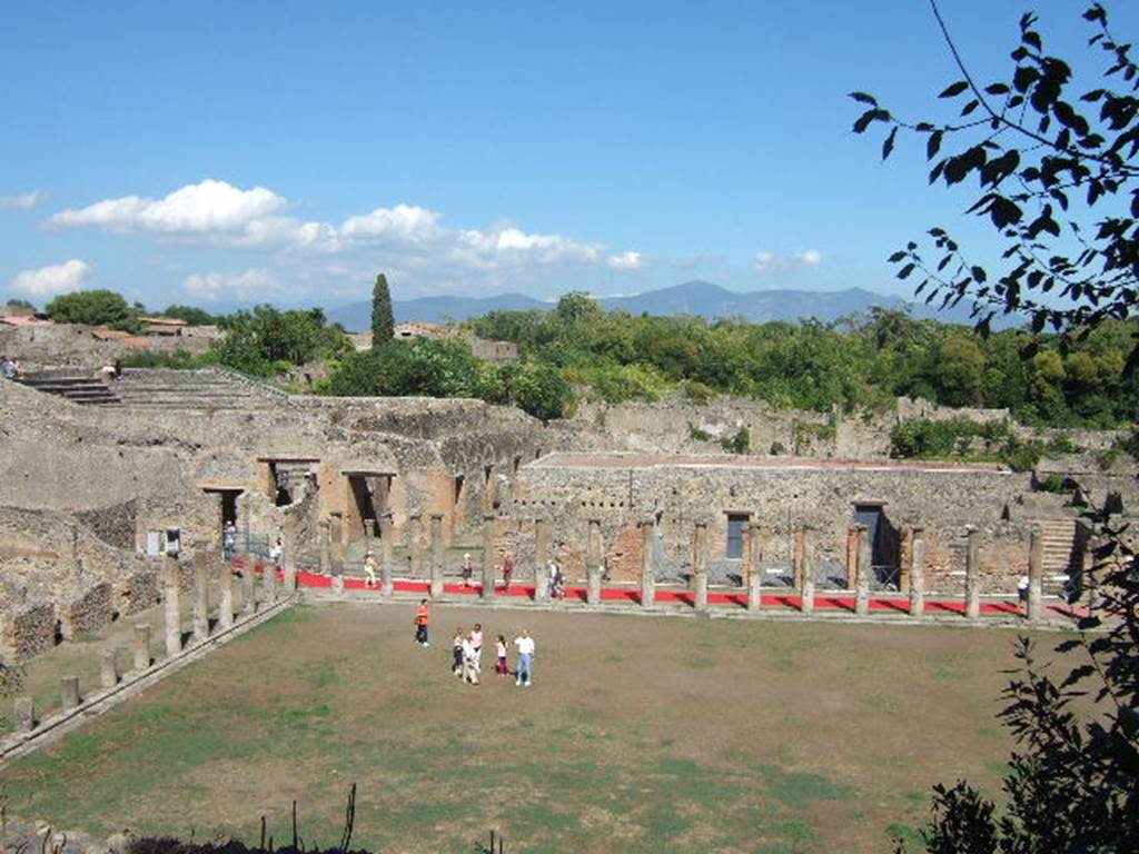 VIII.7.16 Pompeii. July 2012. Looking south from Large Theatre, across the east side of the Gladiators’ Barracks. Photo courtesy of John Vanko. His father took the identical photo in February 1952, see below.
