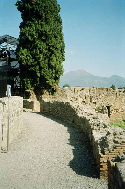 VIII.7.21 Pompeii. May 2004. View of stage from the top of the theatre.