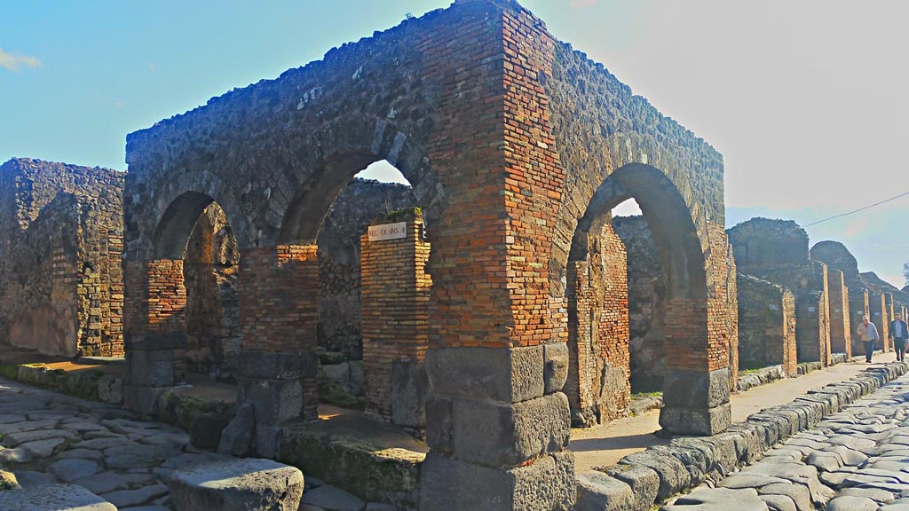 IX.2.1 Pompeii. May 2017. Looking east towards three arches on east side of Via Stabiana. 
Photo courtesy of Buzz Ferebee.


