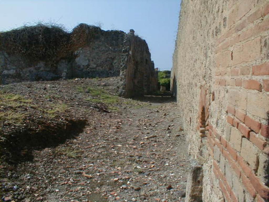 IX.3.22 Pompeii. May 2005. Looking west along vicolo at north end of site, between IX.3.22 and IX.4 (Central baths).

