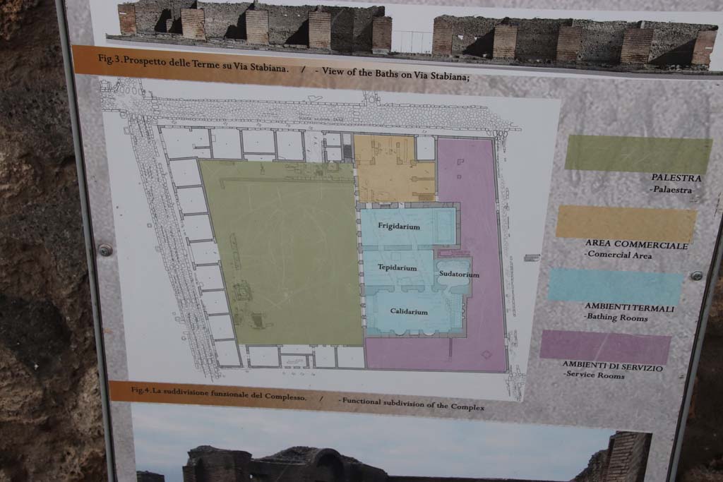 IX.4.18 Pompeii. October 2020. Plan of the Baths on information notice-board. The entrance from the Via Nola is on the left. Photo courtesy of Klaus Heese.
