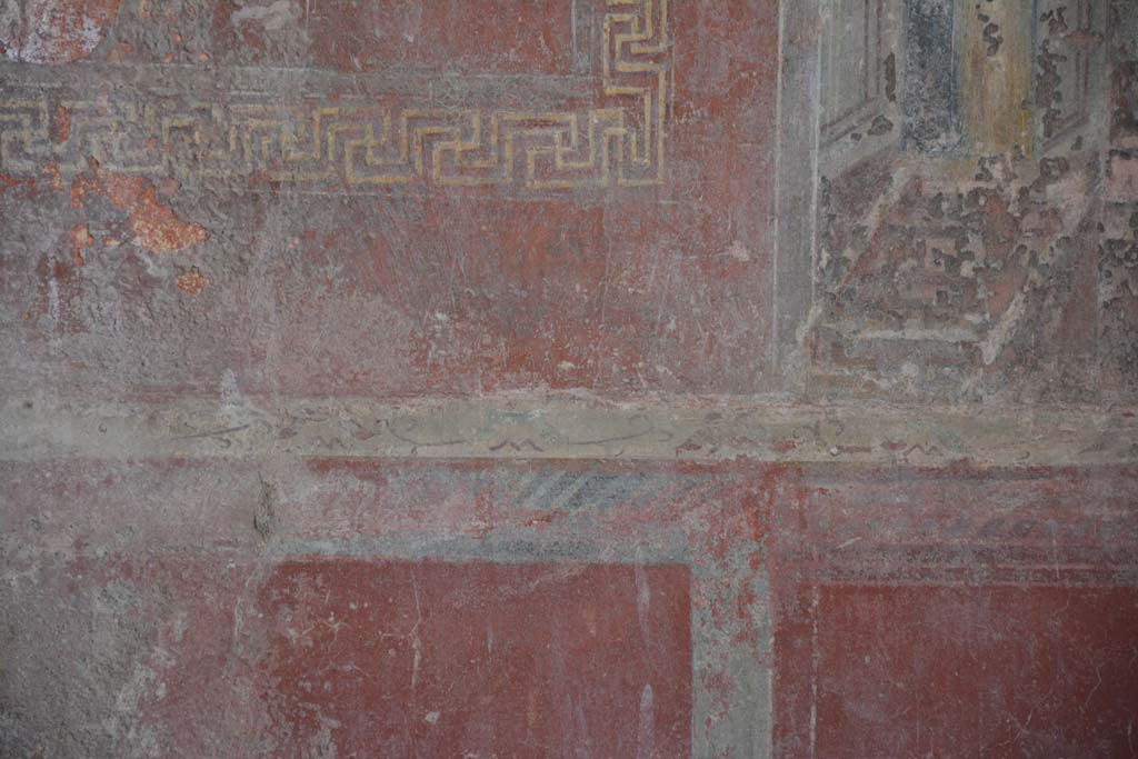 IX.5.6 Pompeii. May 2017. Room i, detail of painted decorations from above zoccolo in centre of west wall.
Foto Christian Beck, ERC Grant 681269 DCOR.
