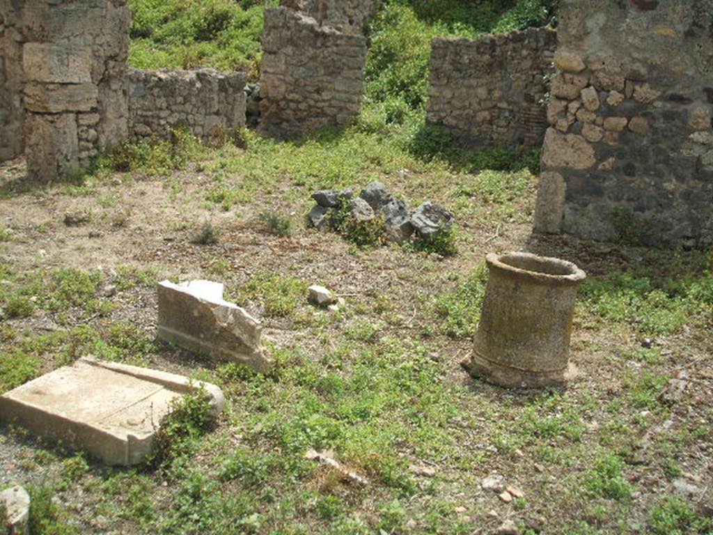 IX.8.c Pompeii. May 2005. Site of east portico, looking south into unexcavated. According to Boyce, in the west wall of the kitchen, which was reached from the south side of the peristyle, was a rectangular niche. On the wall above the niche was a lararium painting. The Genius was on the right of a flaming tripod adorned with garlands. On the left was a tibicen and to the right stood a camillus. On each side of this group stood a Lar. The serpents weree painted on the back wall of the niche. Both serpent were red and yellow and their tails extended over onto the side walls of the niche. The altar between them was painted as imitation red and yellow variegated marble. The layer of plaster on which the serpents had been painted had partly fallen away, revealing beneath it an earlier layer. The earlier layer was also decorated with painted figures, however Boyce thought it was impossible to ascertain what they were.  See Boyce G. K., 1937. Corpus of the Lararia of Pompeii. Rome: MAAR 14. (p.90, no.452). 
