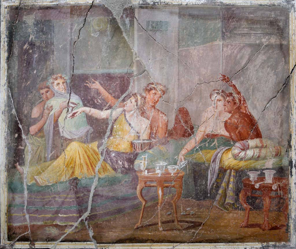 IX.12.6 Pompeii. February 2017. 
Room “m”, painting of banqueting scene from west wall of triclinium. Photo courtesy of Johannes Eber.
