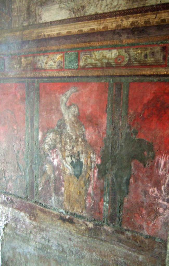 Villa of Mysteries, Pompeii. May 2006. Room 4, north side of doorway to room 3 under arched ceiling, wall painting of Silenus and a satyr. 
