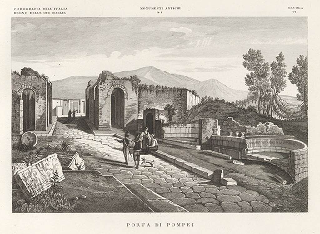 Via dei Sepolcri near Porta Ercolano or Herculaneum Gate. 1845 drawing of street, tombs and gate.
See Zuccagni Orlandini, A., 1845. Atlante Illustrativo ossia raccolta dei principali monumenti italiani antichi, del medioevo e moderni e di alcune vedute pittoriche: Vol III: Regno delle due Sicilie. Firenze, Tav. VI, n.1.
