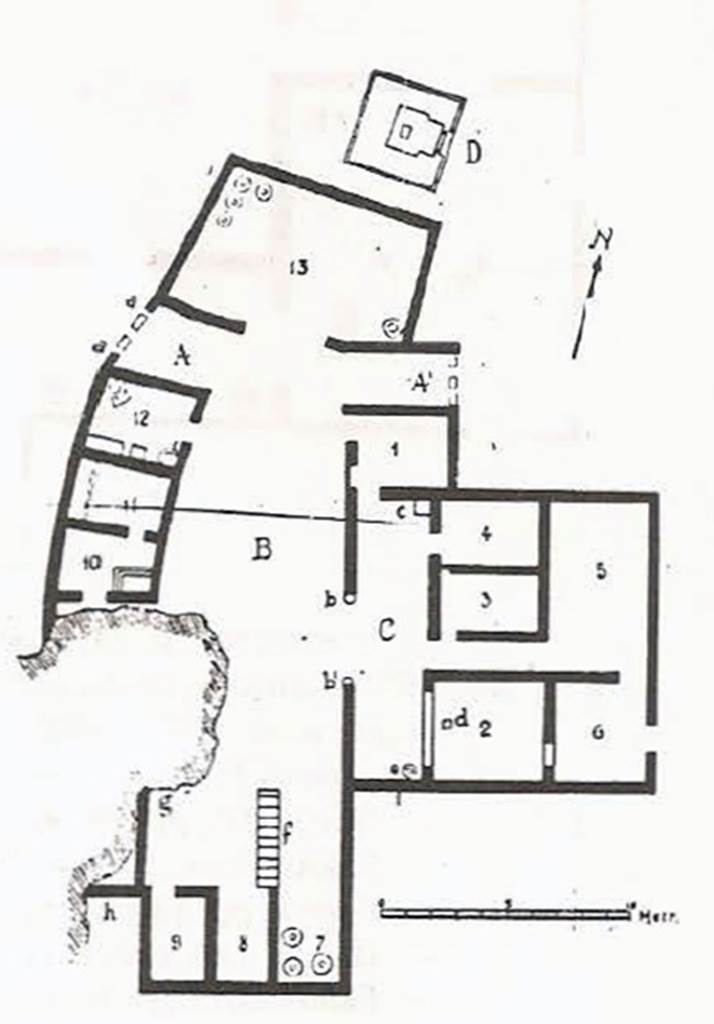 Monumento Funerario del Fondo Prisco. Plan of villa and tomb.
The Villa rustica was found on the fondo of Antonio Prisco, at the Civita-Giuliana, Boscoreale (today Pompeii).
It was excavated by cav. Carlo Rossi-Filangieri from February to July 1903. 
The building followed an already existing public roadway on the western front side.
On the roadway was an adjoining burial monument D.
The front faade was decorated with two portrait busts and a marble slab, on which however the funeral title had not yet been incised.
See Della Corte M., Notizie degli Scavi di Antichit, 1921, p. 416.