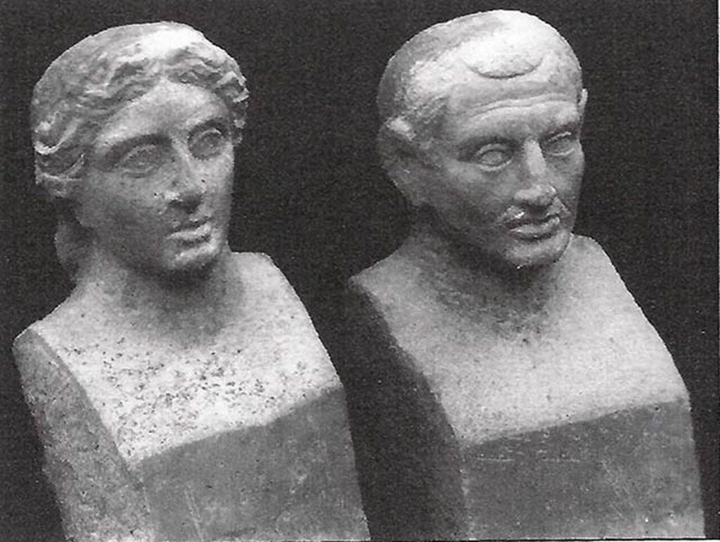 Monumento Funerario del Fondo Prisco. Two travertine portraits busts found in a semi-circular niche below the marble plaque on the west side of the tomb.
See Notizie degli Scavi di Antichit, 1921, p. 422, fig. 4.
