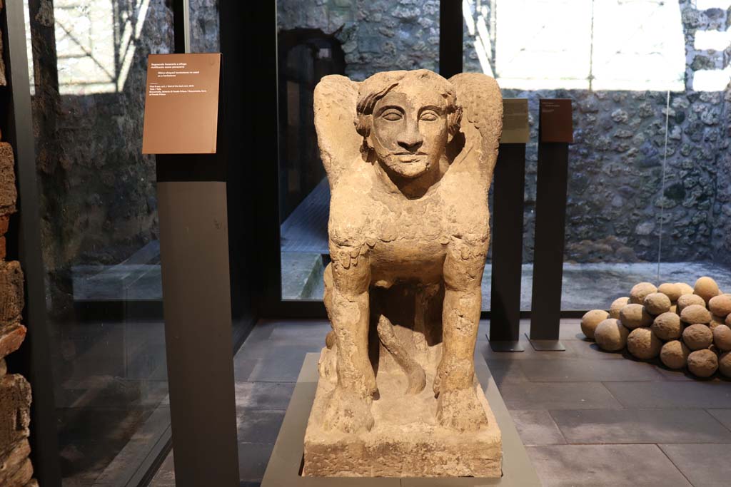 From Farm of Fondo Prisco, Boscoreale. February 2021. 
Tufa Sphynx-shaped tombstone re-used as a kerbstone, on display in Pompeii Antiquarium.
Photo courtesy of Fabien Bivre-Perrin (CC BY-NC-SA).
