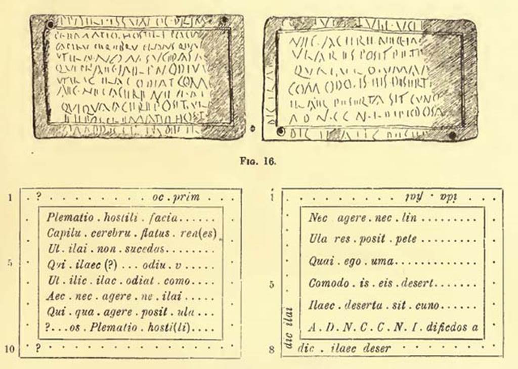 Pompeii Fondo Azzolini. Tomb 10. Drawing and interpretation of the two lead curse tablets. See Notizie degli Scavi di Antichità, 1916, p. 304-5, fig. 16.
According to Cooley one damning a victim’s face, hair, brain, lungs and kidneys.
See Cooley, A. and M.G.L., 2004. Pompeii: A Sourcebook. London: Routledge. (p. 138).

According to Epigraphik-Datenbank Clauss/Slaby (See www.manfredclauss.de) these read

]ssun (h)oc prim[um 3] 
P(hi)lematio Hostili facia[m 3]
capil(l)u(m) cerebru(m) flatus ren[es 3] 
ut il(l)a<e=I> non suc(c)edat n[ec 3] 
qui praec[3] odiu(m) v[3]
ut il(l)<e=IC> il(l)a<m=C> od<e=I>(r)i{a}t <q=C>(u)omo[do 3]
(h)aec nec agere ne(c) il(l)a<e=I>{c} [3]
qui(c)qua(m) agere pos(s)it ul(l)a [3]
E E pos P(hi)lematio Hosti[li]

[ // nec agere nec lin[gua nec]
ul(l)a(s) res pos(s)it pete[re]
quae ul(l)o (h)uma[no 3]
 <q=C>(u)omodo is eis desert[us]
il(l)a{ec} deserta sit cun(n)o
a(nte) d(iem) N(onum) <K=C>(alendas) N(ovembres) d<e=I>fi<x=CD>os a
dic il(l)a{ec} deser[ta 3]
[6]
[3]ida fiat [3]
dic il(l)ae [ 

Vestilia Hostili       [CIL IV 9251]
