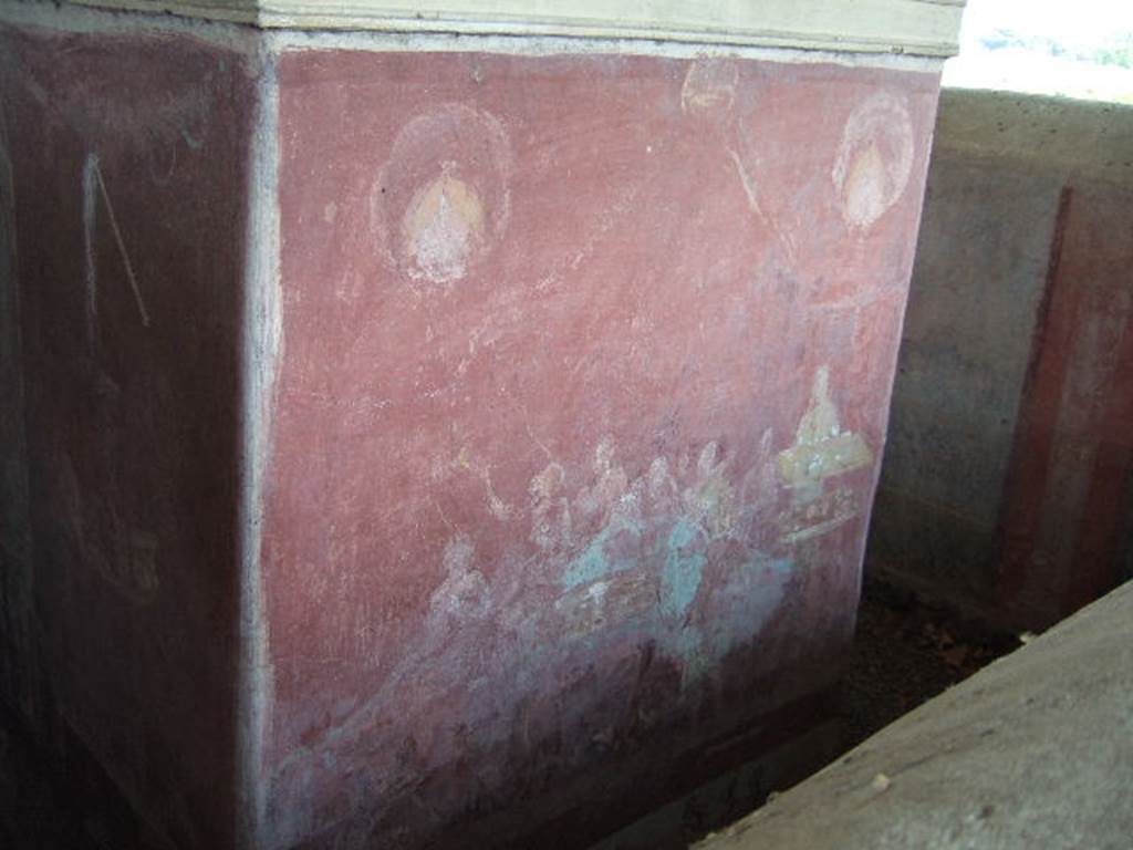 VGJ Pompeii.  May 2006.  Inner tomb south wall.  Painting of the funeral repast.  Engelmann describes this as a funeral repast of which six persons partake, partly standing, partly sitting round a table.  Three servants are also discernable who bring food and drinks".  See Engelmann, W., 1929.  New Guide to Pompeii: Second Edition.  Engelmann. (p. 55).
