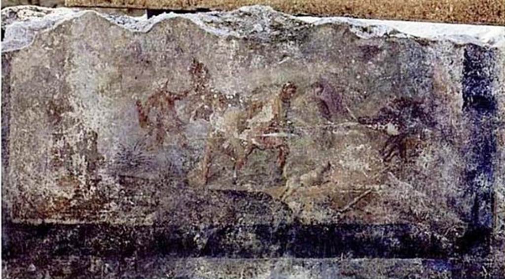 Gragnano. Rustic villa by the Strada Statale 145 Sorrentina. Triclinium, centre of south wall. Fresco of a boar hunt with four hunters.
Stabia Antiquarium inventory number 66656.

