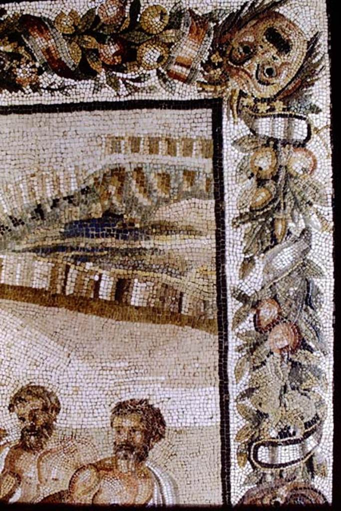 Villa of T. Siminius Stephanus, fondo Masucci-D'Aquino. Mosaic of the Academy of Plato (Dellaccademia Platonica). 1968.  Detail from top-right of mosaic. Photo by Stanley A. Jashemski.
Source: The Wilhelmina and Stanley A. Jashemski archive in the University of Maryland Library, Special Collections (See collection page) and made available under the Creative Commons Attribution-Non Commercial License v.4. See Licence and use details. J68f1049

