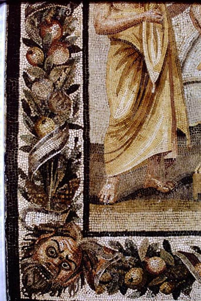 Villa of T. Siminius Stephanus, fondo Masucci-D'Aquino. Mosaic of the Academy of Plato (Dellaccademia Platonica).  1968.  Detail from bottom-left of mosaic. Photo by Stanley A. Jashemski.
Source: The Wilhelmina and Stanley A. Jashemski archive in the University of Maryland Library, Special Collections (See collection page) and made available under the Creative Commons Attribution-Non Commercial License v.4. See Licence and use details.  J68f1051

