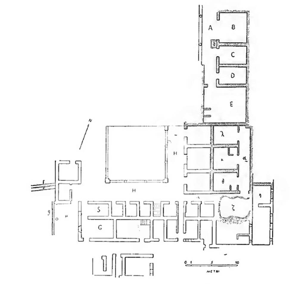 Villa of T. Siminius Stephanus, fondo Masucci-D'Aquino. Plan of villa showing the rooms excavated in 1898. See Notizie degli Scavi di Antichit, 1899, p.236. The rooms with simply an outline belong to the first period of excavation and are seen on the plan previously published. See Notizie degli Scavi di Antichit, 1898, p. 495.