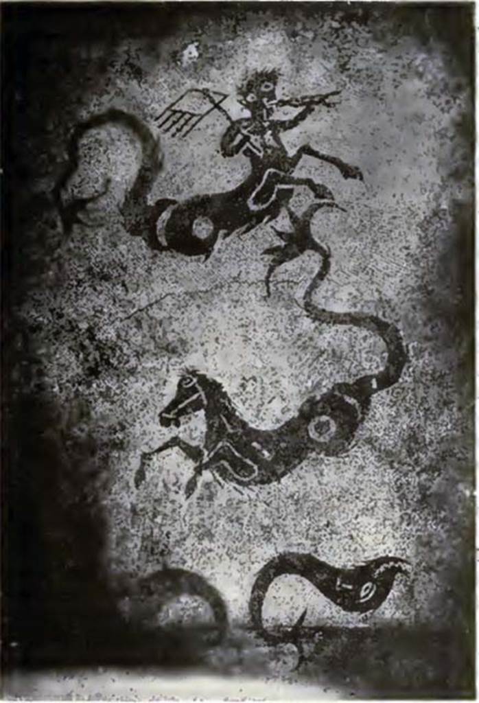 Pompeii, Villa rustica nel Fondo di Antonio Prisco. 
Room 11. Calidarium. Black and white mosaic floor with sea centaur, sea horse and two dolphins.
See Notizie degli Scavi di Antichit, 1921, p. 419, fig. 3.
According to Fabbricotti, these are a marine centaur, marine bull and two fishes.
See Fabbricotti E., 1976. Cronache Pompeiane II, pp. 43-44.
