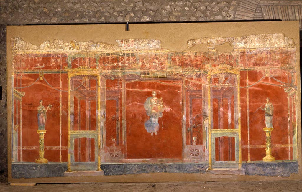 Complesso dei triclini in località Moregine a Pompei. October 2022. Triclinium A, north wall, on display in Pompeii Palaestra.
Photo courtesy of Klaus Heese
