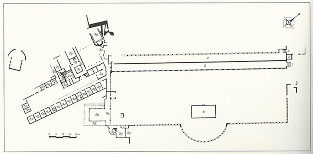 Stabiae, Villa del Pastore. General plan of the villa, 2004.
The villa is a vast complex of some 19,000 square metres, a joining of two architectural nuclei on two different axes, one east to west and the other north-east to south-west.
See Sodo A. M., 2004. In Stabiano: Exploring the Ancient Seaside Villas of the Roman Elite. Castellammare: Nicola Longobardi, pp. 63-4.
According to Jashemski, 
This villa was explored by means of tunnels in the 18th century and a portion of the villa (based on Webers plan) began excavation in 1964. 
A large courtyard or palaestra (143m by 39m), with a semi-circular exedra was on the south side. 
On the north side was a cryptoporticus with 32 windows, with a portico above, parallel to the ridge of Varano.
This villa is today covered by modern construction.
The complex of rooms to the west on a different axis (and known only from La Vegas plan) indicates that two villas had been joined. 
The great size of the complex, which includes many cubicula, a caupona, bath complex and large latrine, suggests that the complex in its last period was not so much a private villa as a hospitium or valetudinarium. 
See Jashemski, W. F., 1993. The Gardens of Pompeii, Volume II: Appendices. New York: Caratzas, p.311-2.
