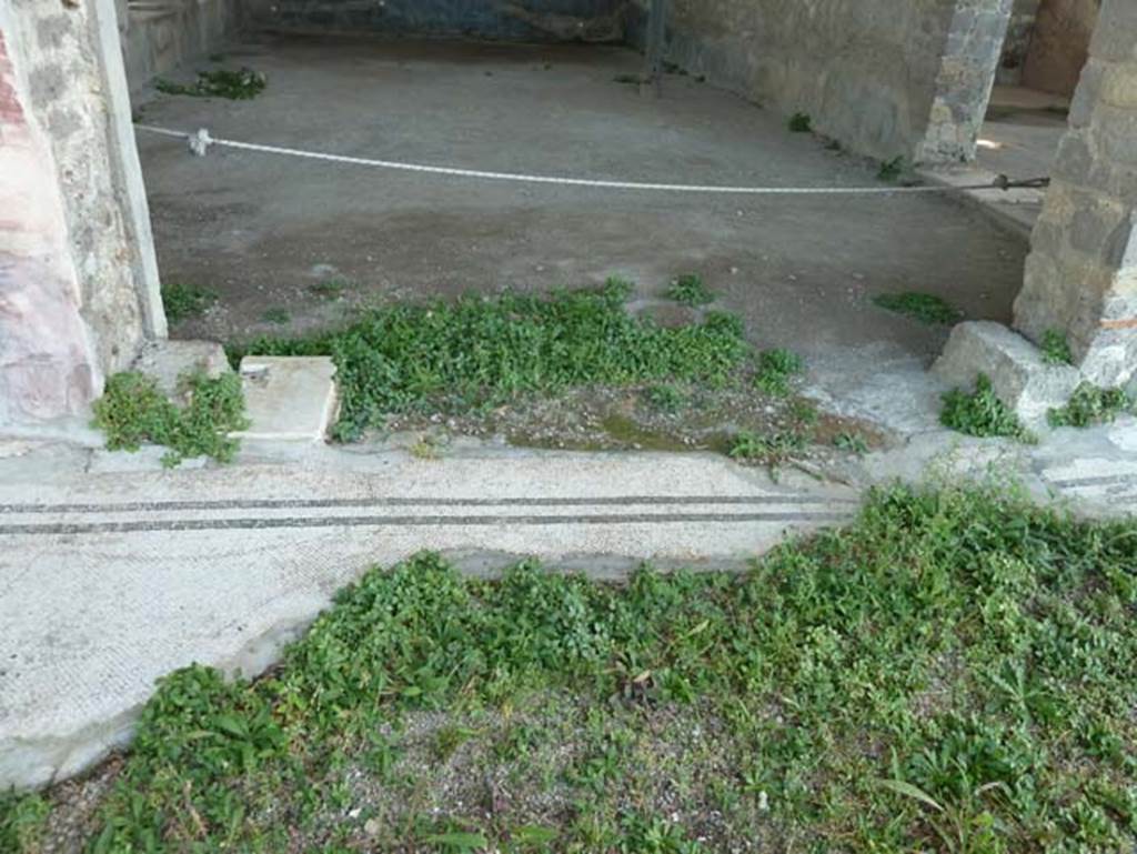 Stabiae, Secondo Complesso (Villa B), September 2015. Room 12, white mosaic with two black stripes on south side of room, with doorway into room 13. 
