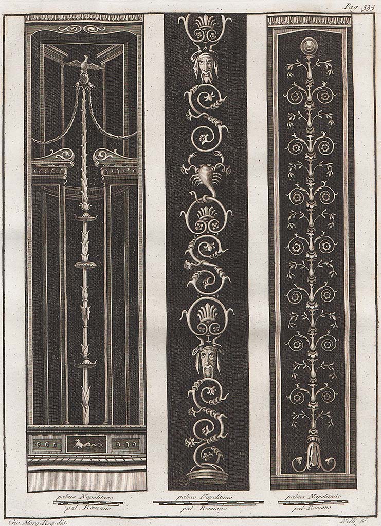 Stabiae, Villa Arianna. Painted candelabra found -
In centre, found Gragnano, 10th September 1761.
All the decorations, the two masking (perhaps Bacchic), the scorpion, and the basket, are all yellow.
See Antichità di Ercolano: Tomo Quarto: Le Pitture 4, 1765, p.333, no.67.
Now in Naples Archaeological Museum. Inventory number 9758.
The other 2 candelabra are from Pompeii VII.6.38.
