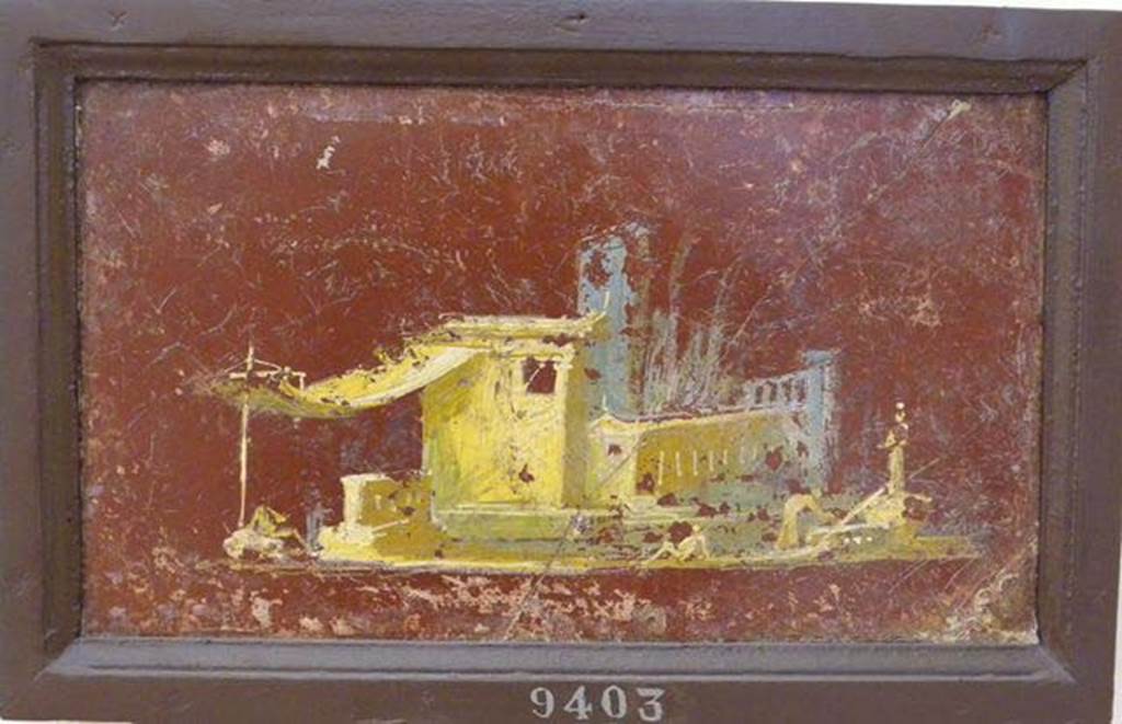 Stabiae, Villa Arianna, found 25th July 1759. Room W.26? 
Wall painting of landscape with building, tent canopy, three men and an idol.
Now in Naples Archaeological Museum. Inventory number 9403.
See Pagano, M. and Prisciandaro, R., 2006. Studio sulle provenienze degli oggetti rinvenuti negli scavi borbonici del regno di Napoli.  Naples: Nicola Longobardi, p. 243. 