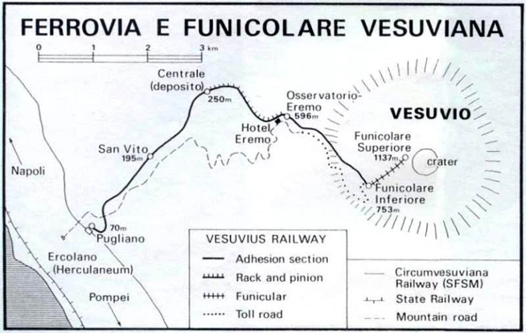 Vesuvius light railway and Funicular. Route and route of toll road. Author unknown.
Photo Wikimedia Commons See photo on Wikimedia Commons Public Domain.

