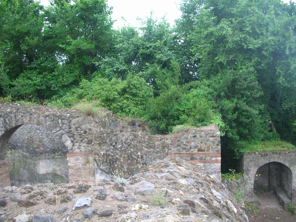 City Wall in north-west corner, Pompeii. May 2010. 
Looking west across Herculaneum Gate, from top of wall. Photo courtesy of Ivo van der Graaff.

