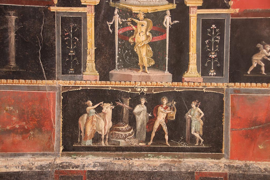 VI.15.1 Pompeii. October 2024. 
East wall with detail of painting of Apollo and Diana after the killing of the python. Photo courtesy of Klaus Heese.
