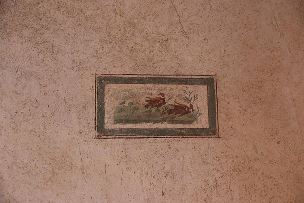 VI.15.1 Pompeii. October 2024. Cubiculum g, painted panel from centre of west wall. Photo courtesy of Klaus Heese.