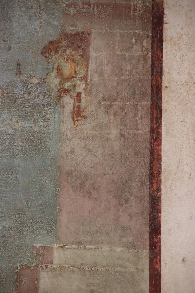 VI.15.1 Pompeii. October 2024. 
South wall, detail of tower from painting. Photo courtesy of Klaus Heese.
