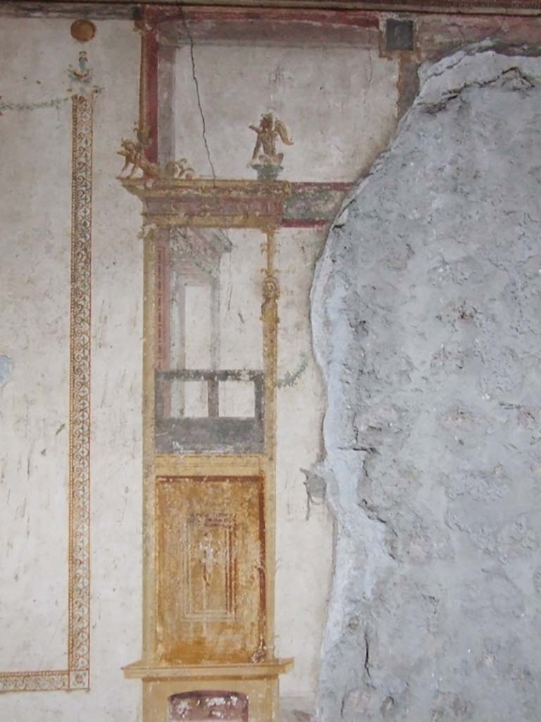 VI.15.1 Pompeii. December 2006. Detail of painting on west wall in oecus.